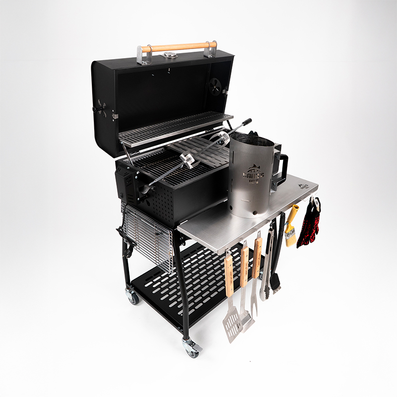 Barbekünün tekerlekleri, yan sehpası ve alt rafının birleşimi